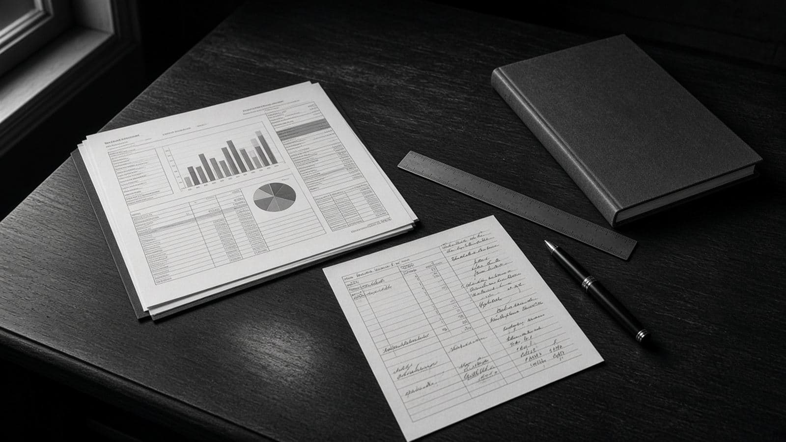 A cash-flow worksheet and board-pack printout on a desk