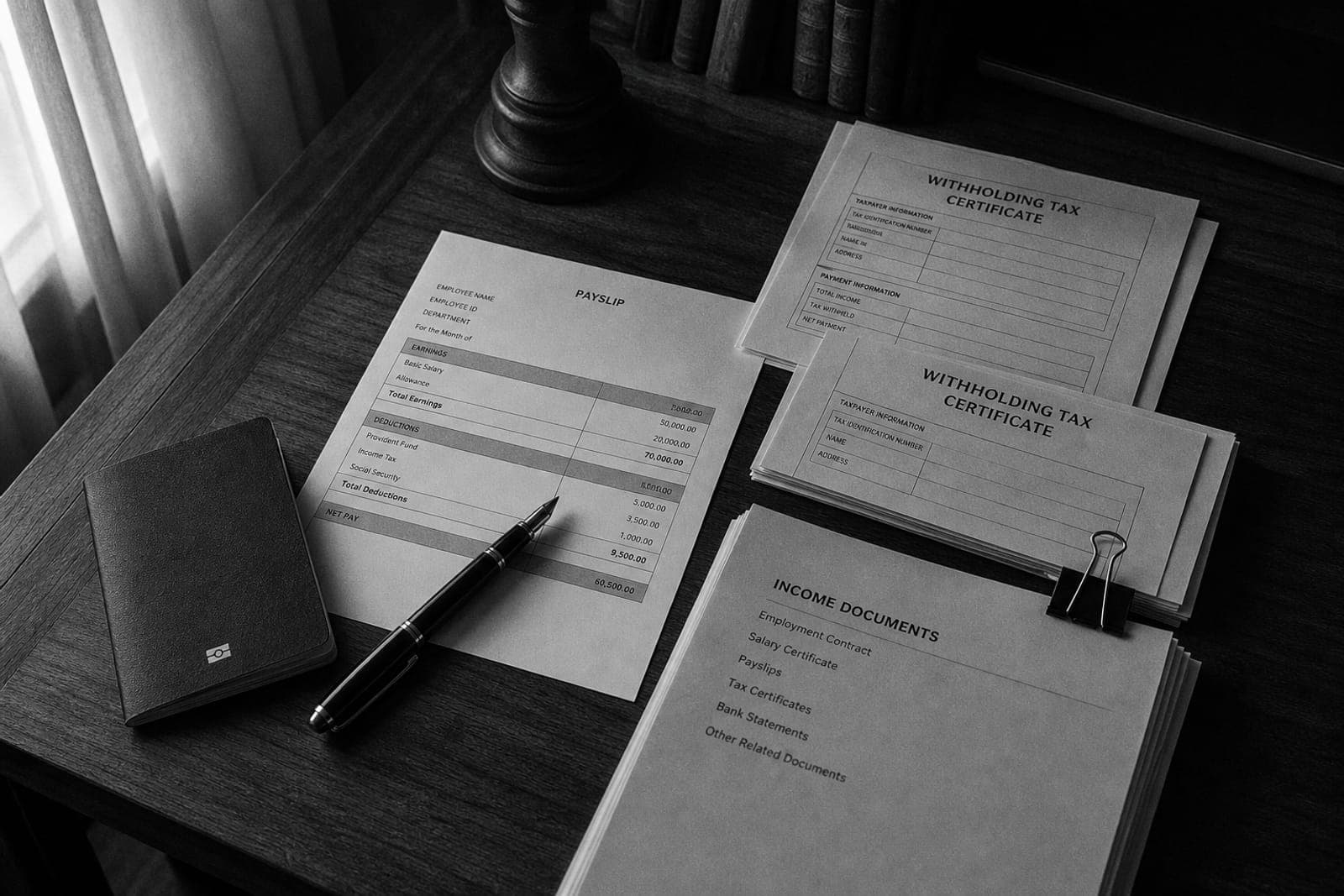Income documents and a payslip on a desk