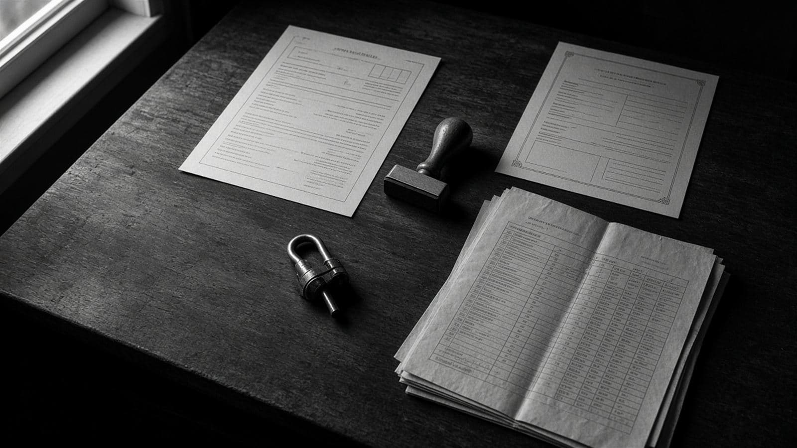 A bill of lading, origin certificate and cargo seal on a desk